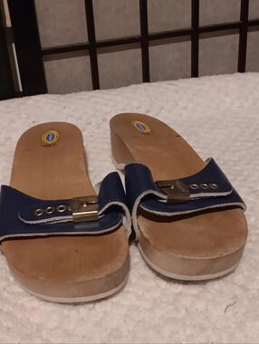 Dr.Scholls Original Blue Leather Slide Sandals with Wood-Look Wedge
